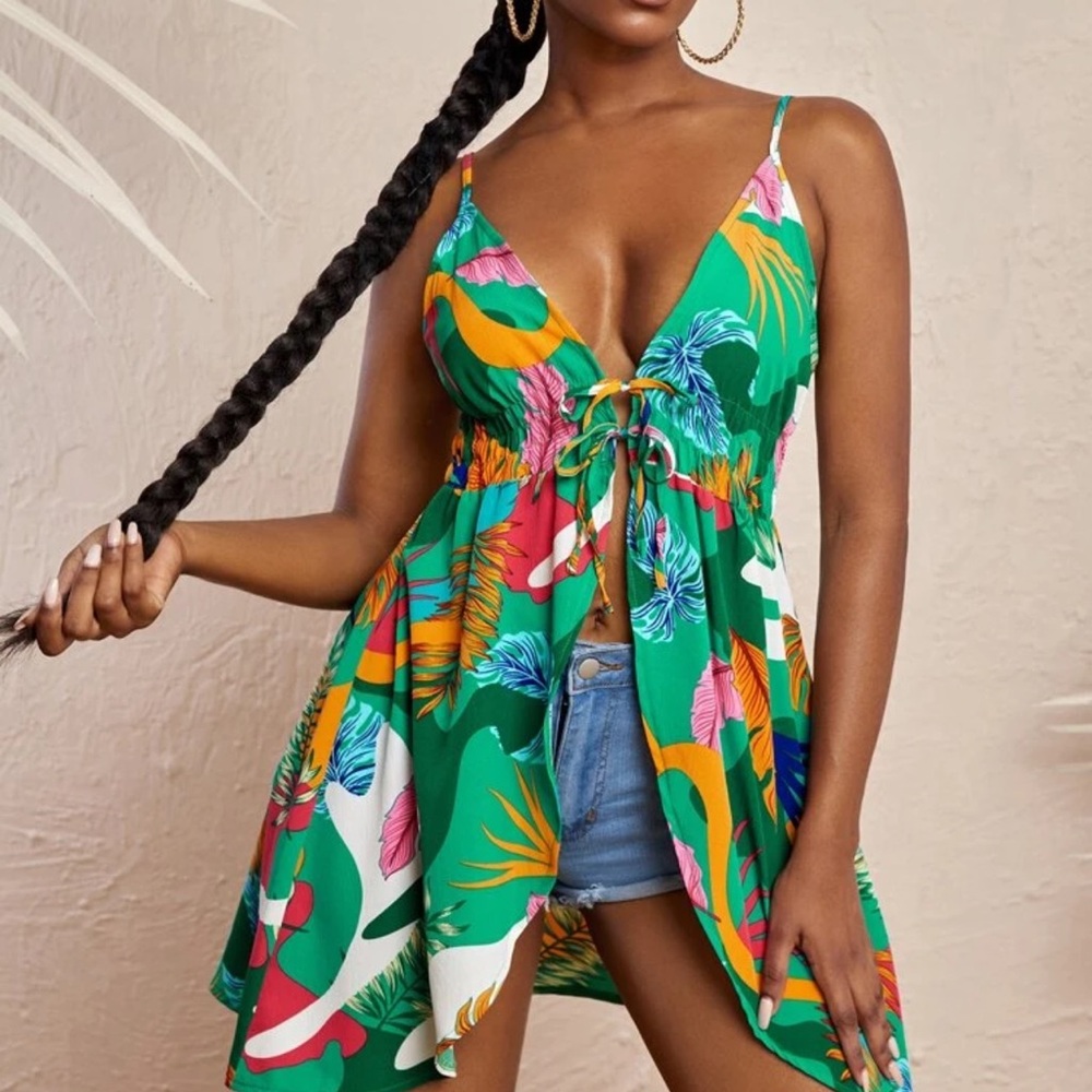 Green and Orange Tank Top with Tropical Print